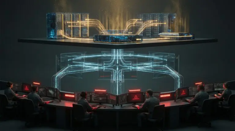 Editorial illustration showing AI upside flowing upward to infrastructure and platforms while operational risk flows downward onto human operators and service teams.