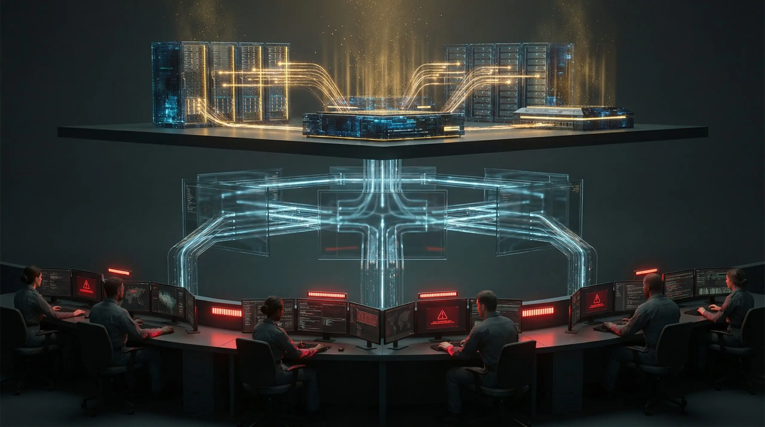Editorial illustration showing AI upside flowing upward to infrastructure and platforms while operational risk flows downward onto human operators and service teams.