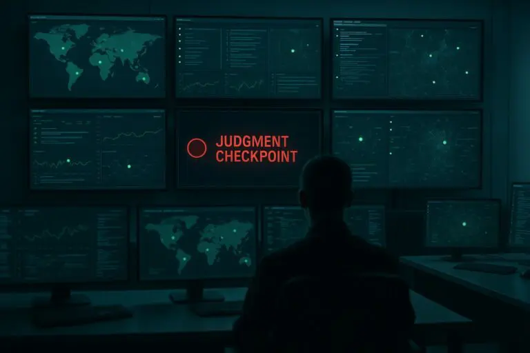 High-tech operations control room with all green status monitors except one red JUDGMENT CHECKPOINT indicator