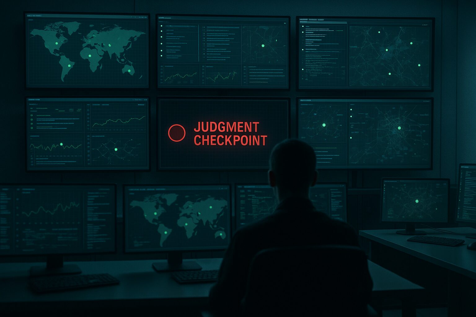 High-tech operations control room with all green status monitors except one red JUDGMENT CHECKPOINT indicator